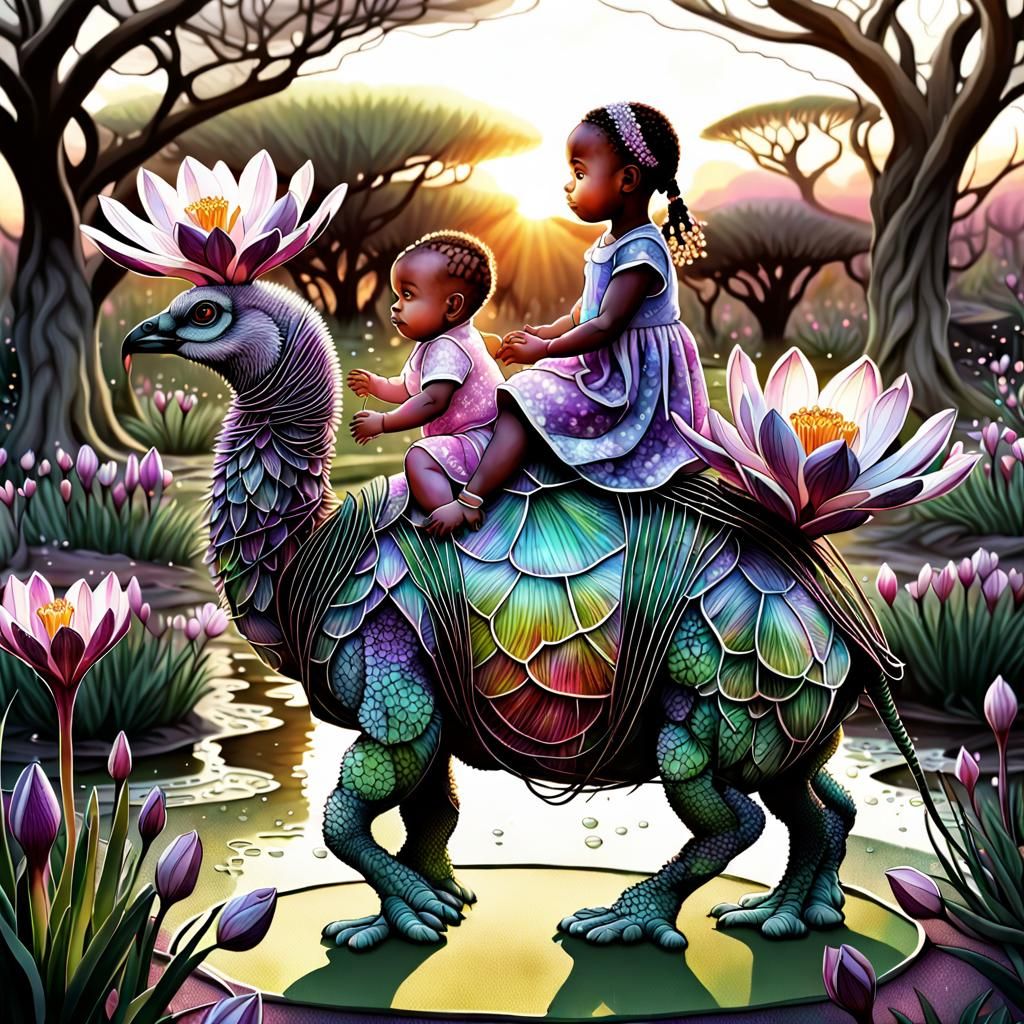 Child Rides Owl-Turtle Hybrid in Springtime Garden