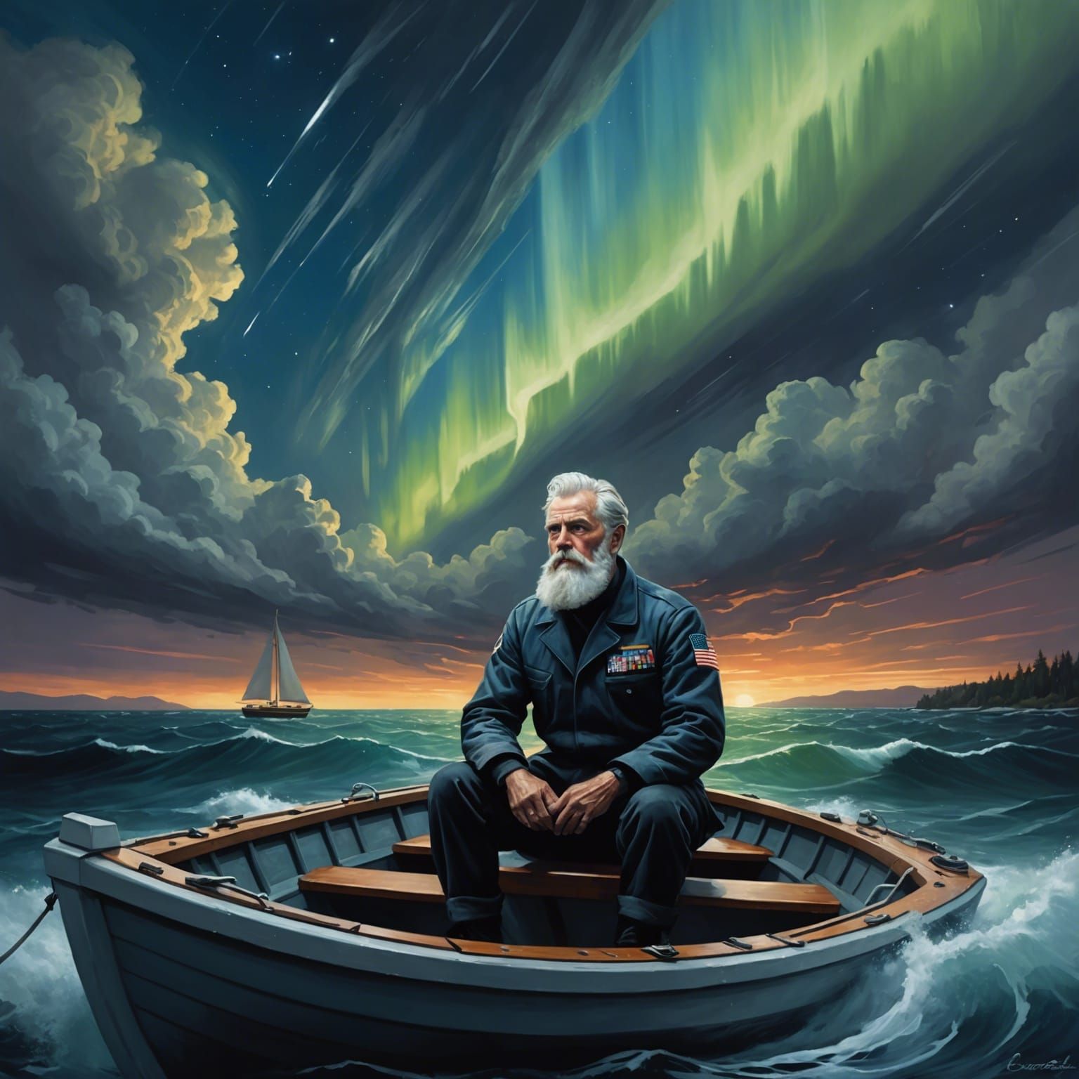 Sailor Under Aurora Borealis: Hyperrealistic Oil Painting