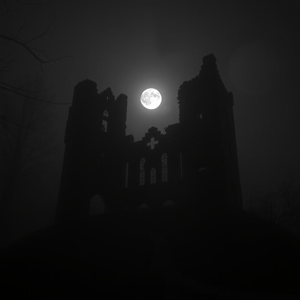 Eerie Victorian Castle Ruin in Moonlight: Black and White