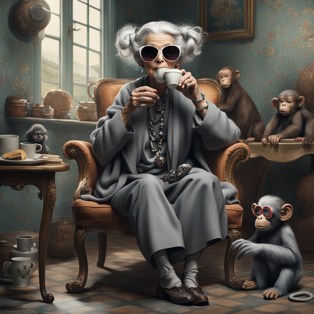 Stylish Woman at Cafe, Doré-Inspired Digital Art