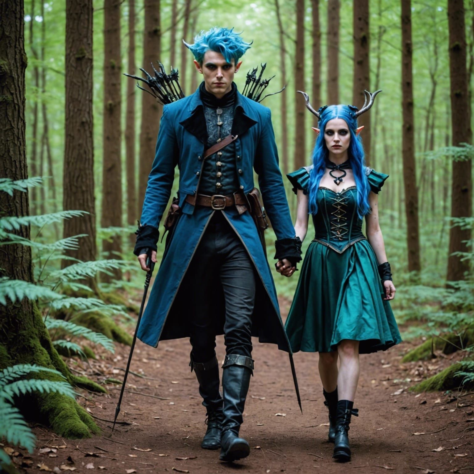 Gothic Girl and Elf Walking Through Forest