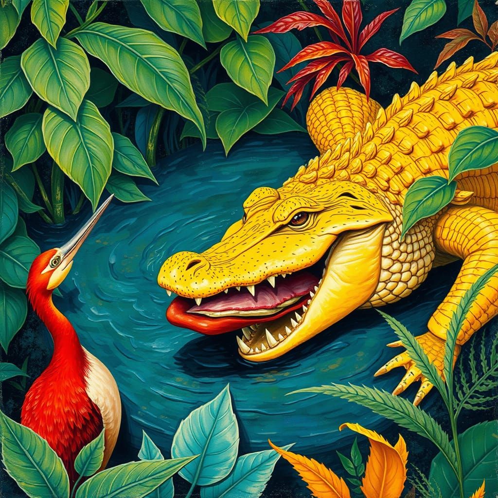 Crocodile Devouring Heron in Gouache Watercolor Style