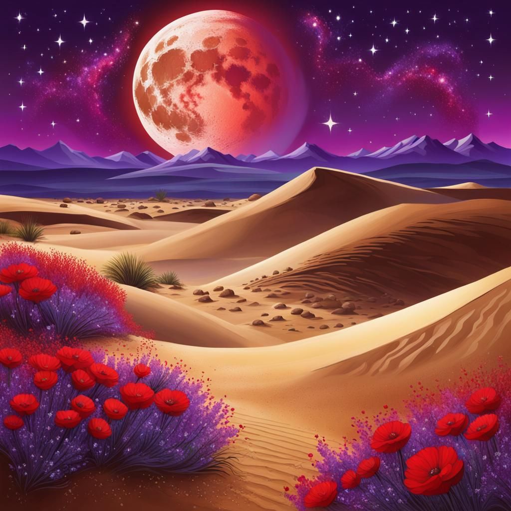 Desert Moon with Stars, Red Flowers, Purple Rain