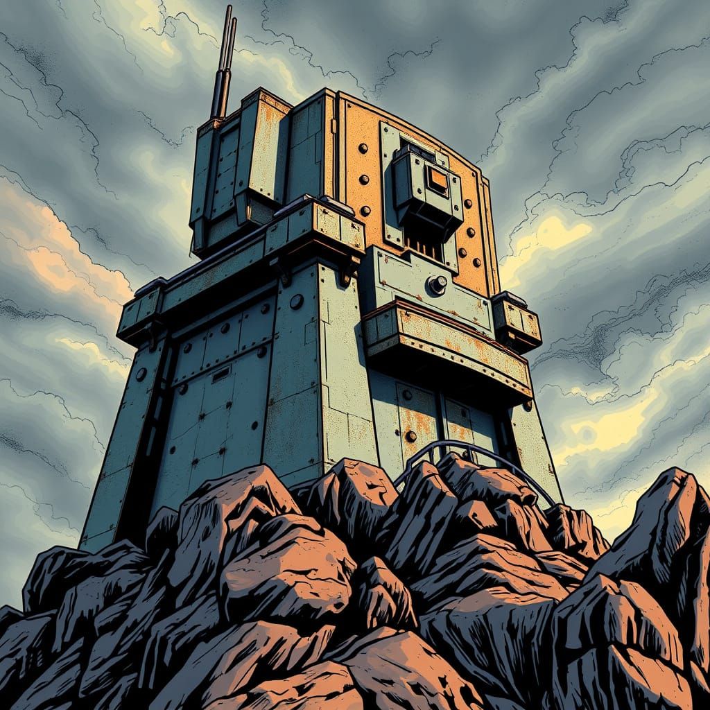 Comic Style Military Turret Tower Under Dramatic Sky