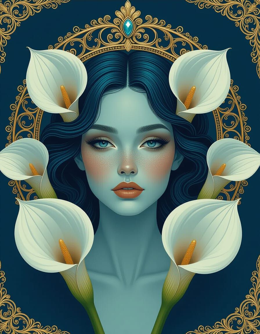 Regal Blue Goddess Portrait with Gold Halo