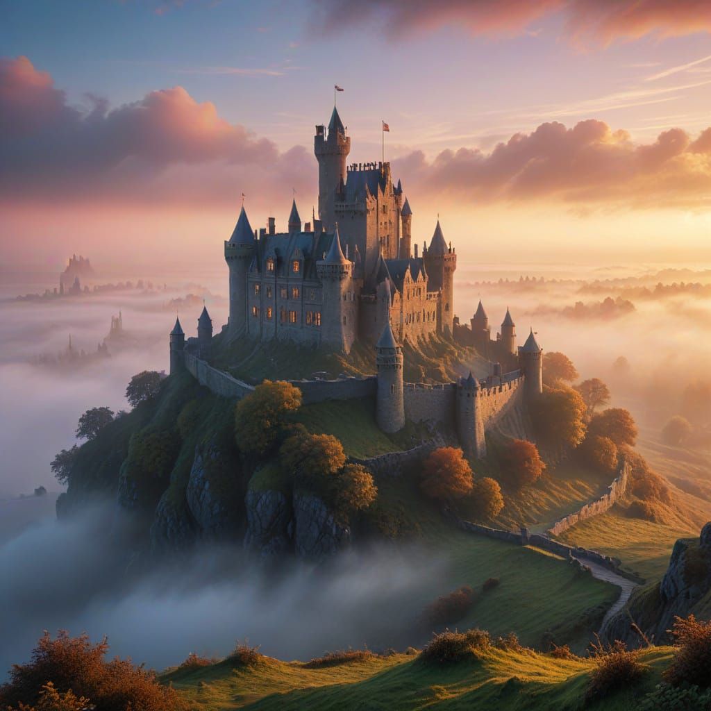 Mystical Fog Envelops British Castle at Sunrise