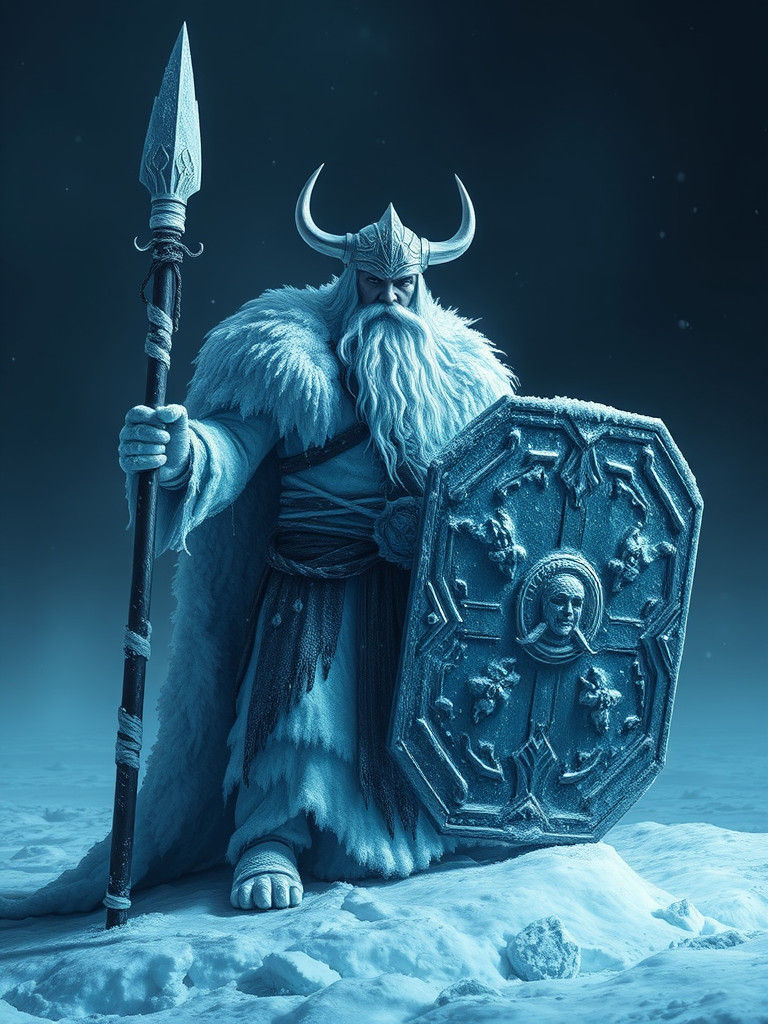 Ice Viking Warrior with Spear and Shield in Deep Blue