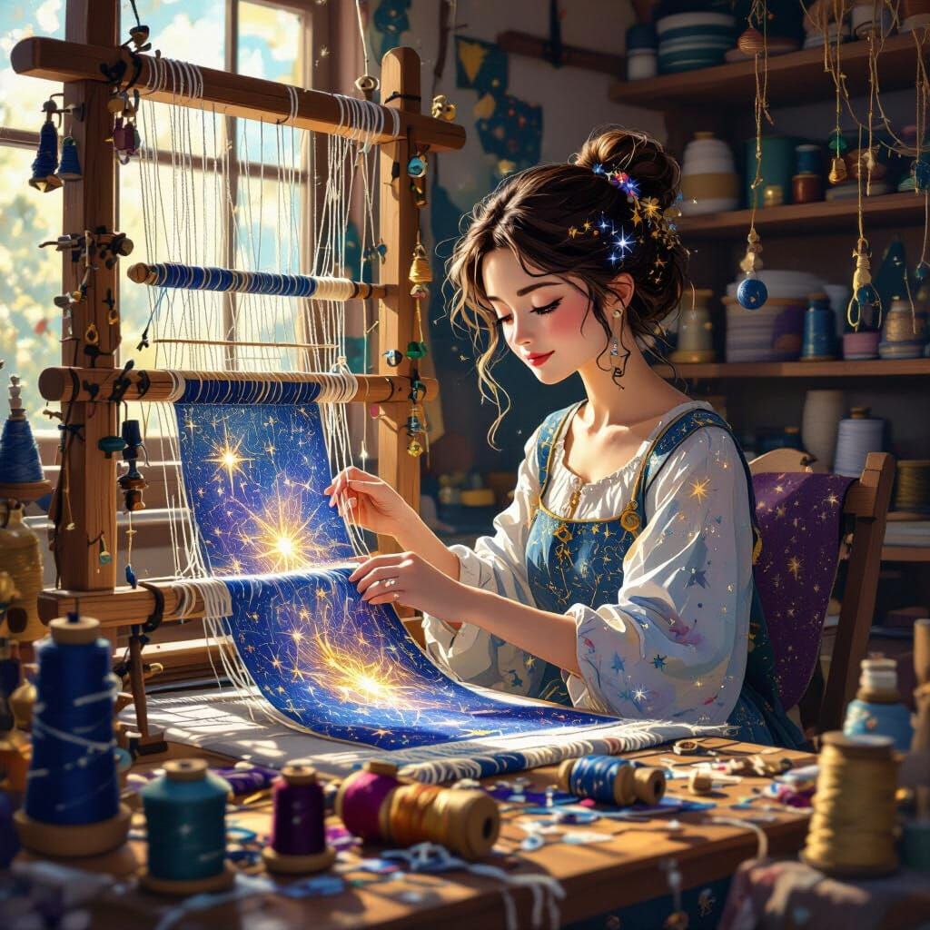 Celestial Seamstress Weaving Starlight Tapestry in Fantasy S...