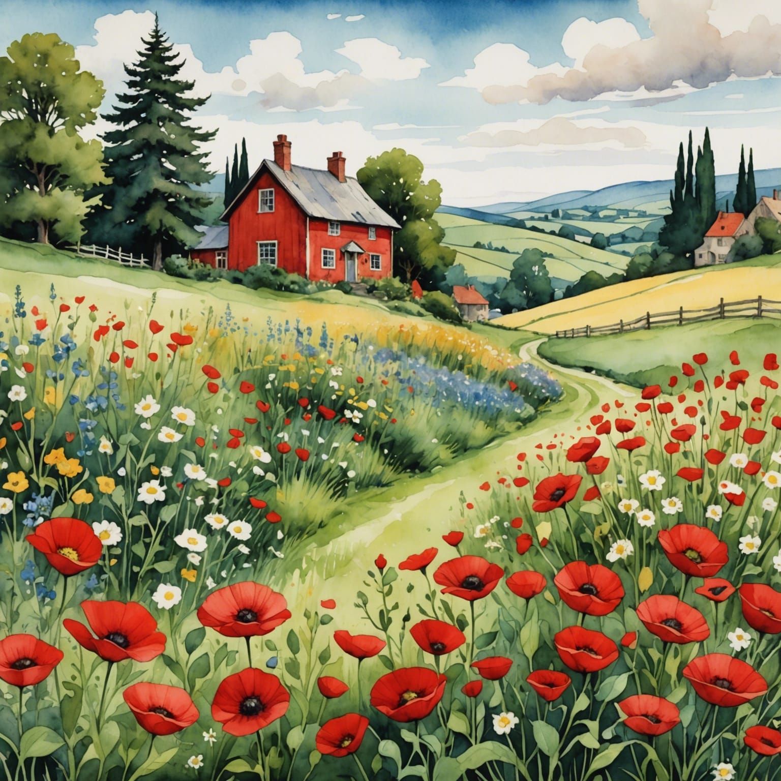 Rural Landscape in Watercolor Illustration Style