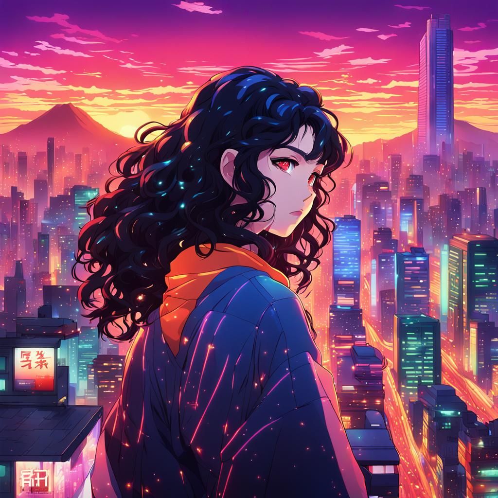 Anime Woman in 80s Japanese Cityscape