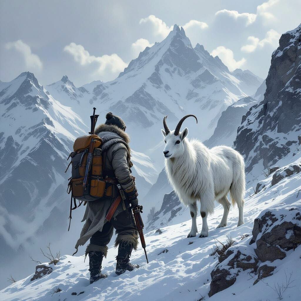 Hunter Pursues Snow Chamois in Dramatic Mountain Landscape