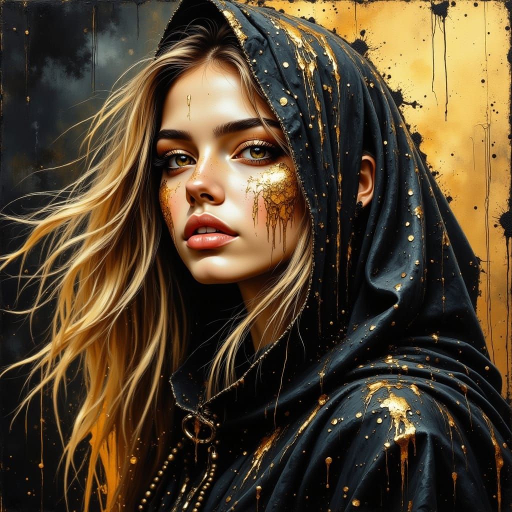 Woman in Hooded Cloak Splattered with Gold
