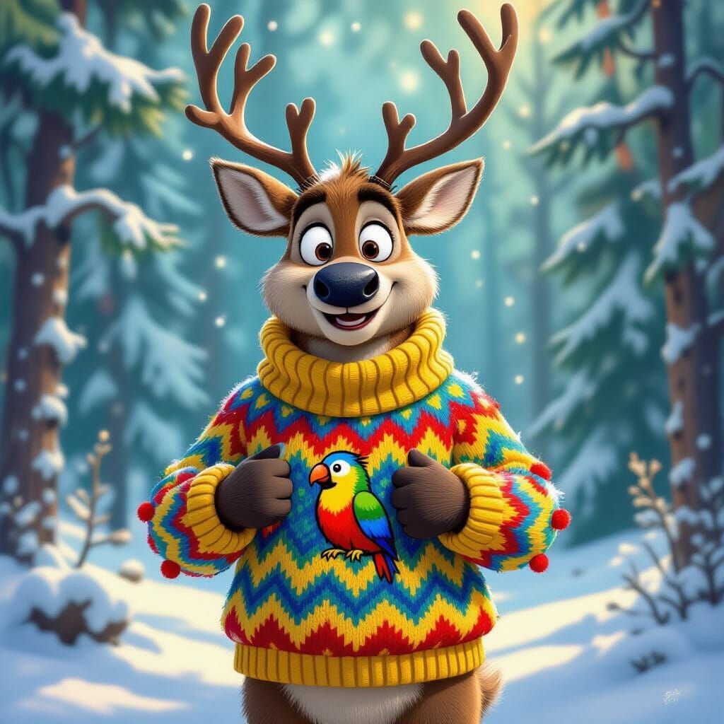 Embarrassed Reindeer Dons Ugly Christmas Sweater in Snowy Wo...