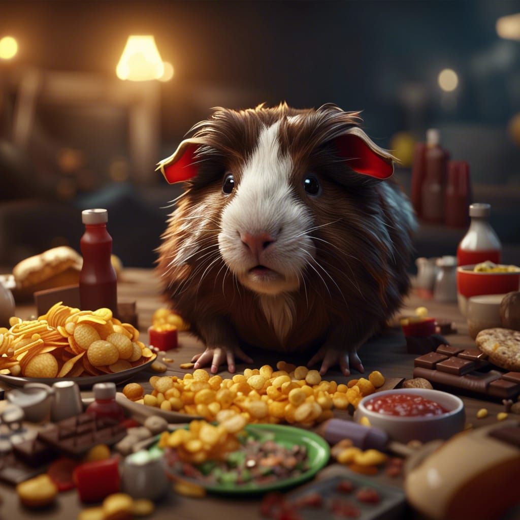 Vampire Guinea Pig Surrounded by Junk Food in 3D
