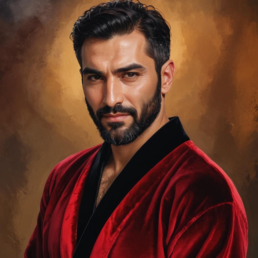 Cheerful Man in Red Velvet Bathrobe Concept Art
