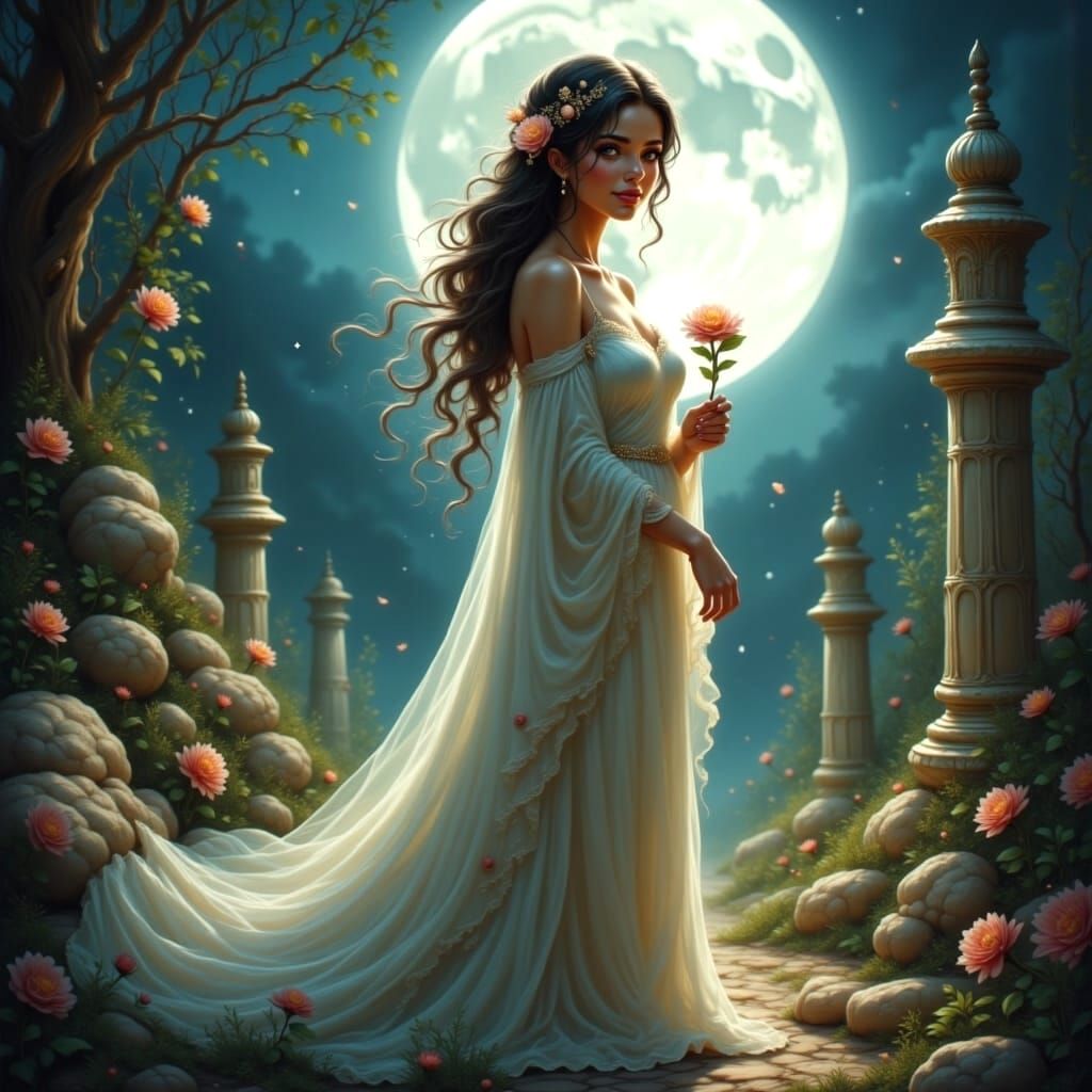 Ethereal Princess in Moonlit Garden: Painterly Style