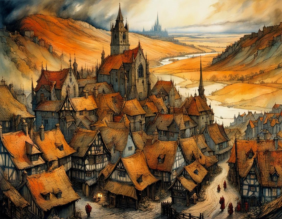 Vibrant Medieval Townscape in Whimsical Style