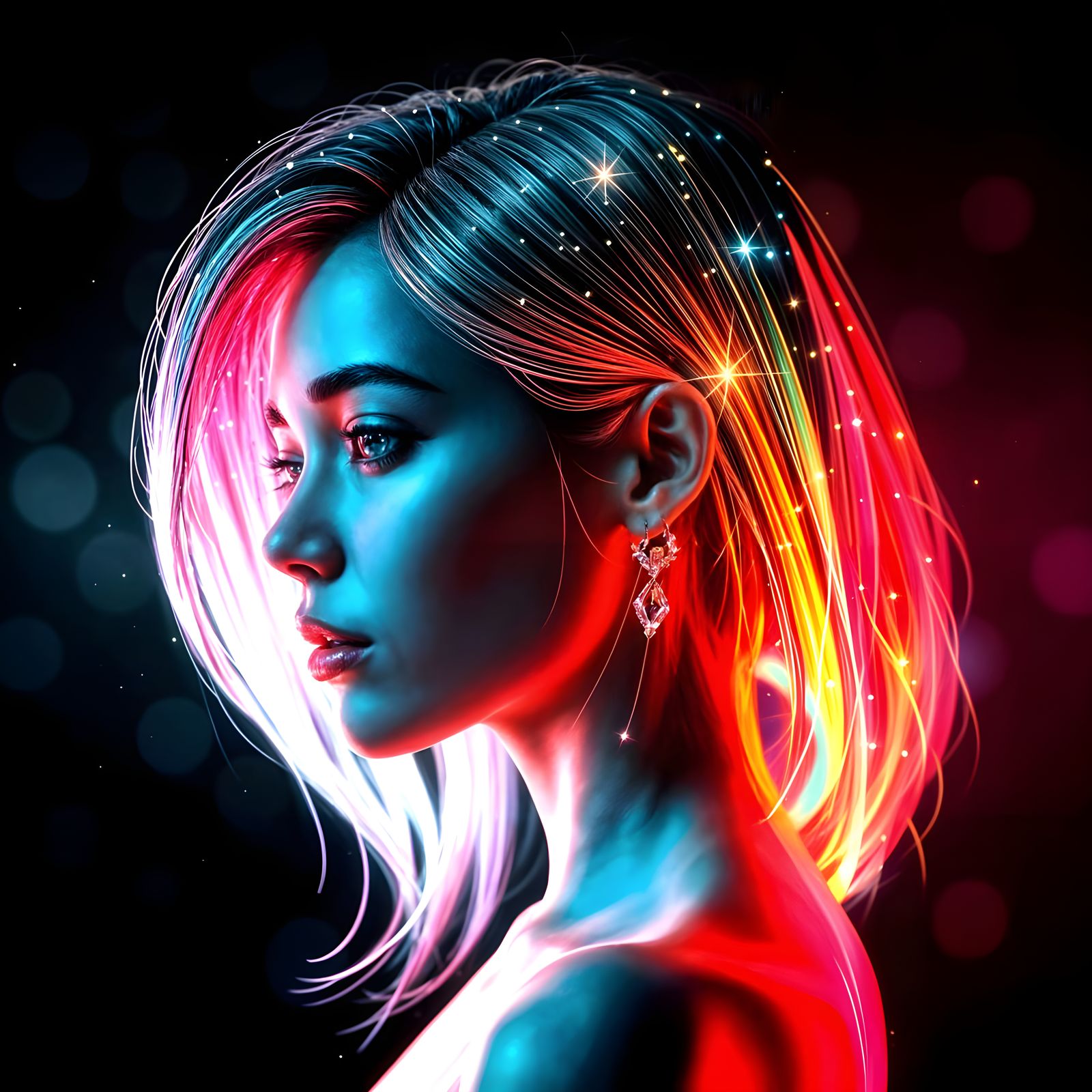 Woman's Nebula Hairstyle with Bokeh, 3D Render