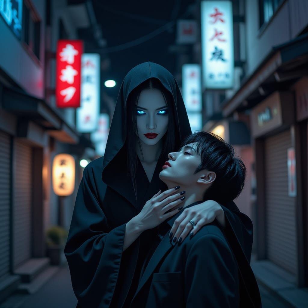 Rokurokubi Vampire Attack in Cyberpunk Horror Style