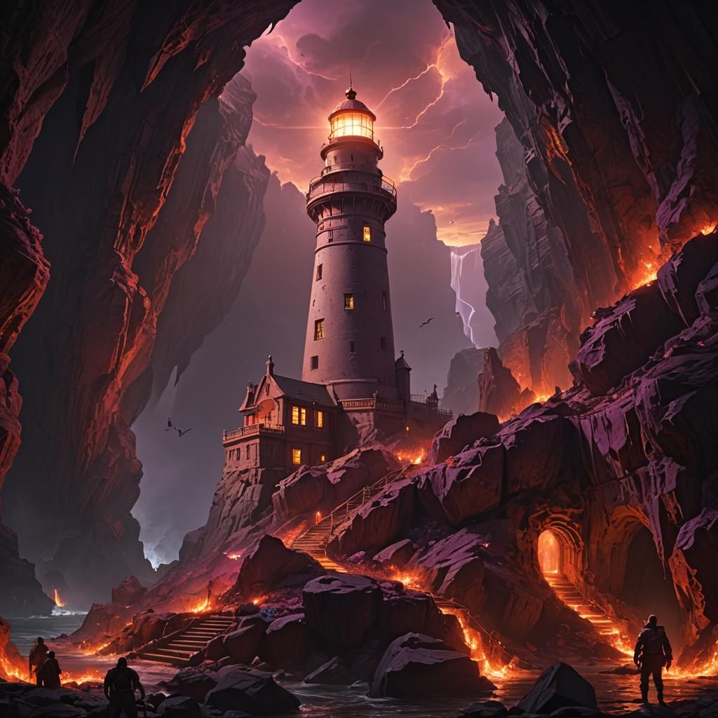 Infernal Lighthouse Guiding Angels: Dark Fantasy Art