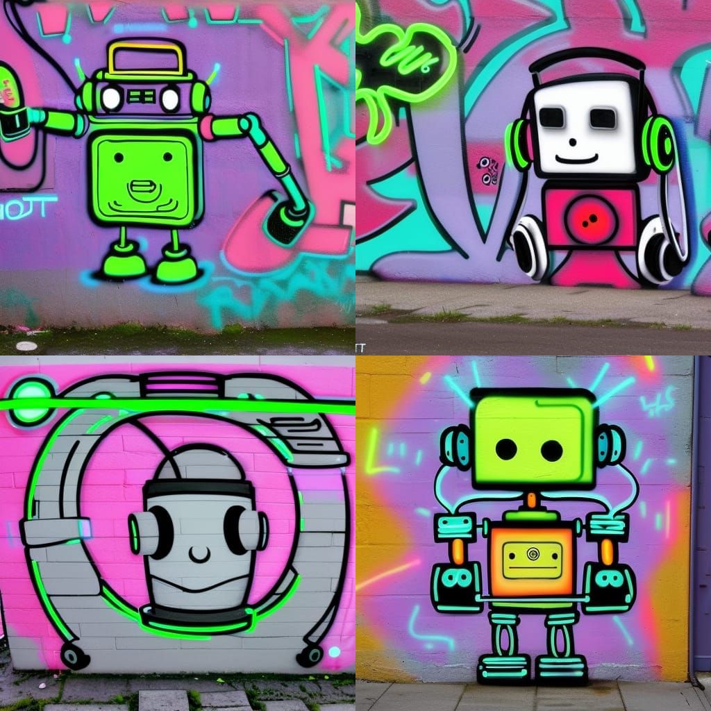 Neon Robot Graffiti Street Art