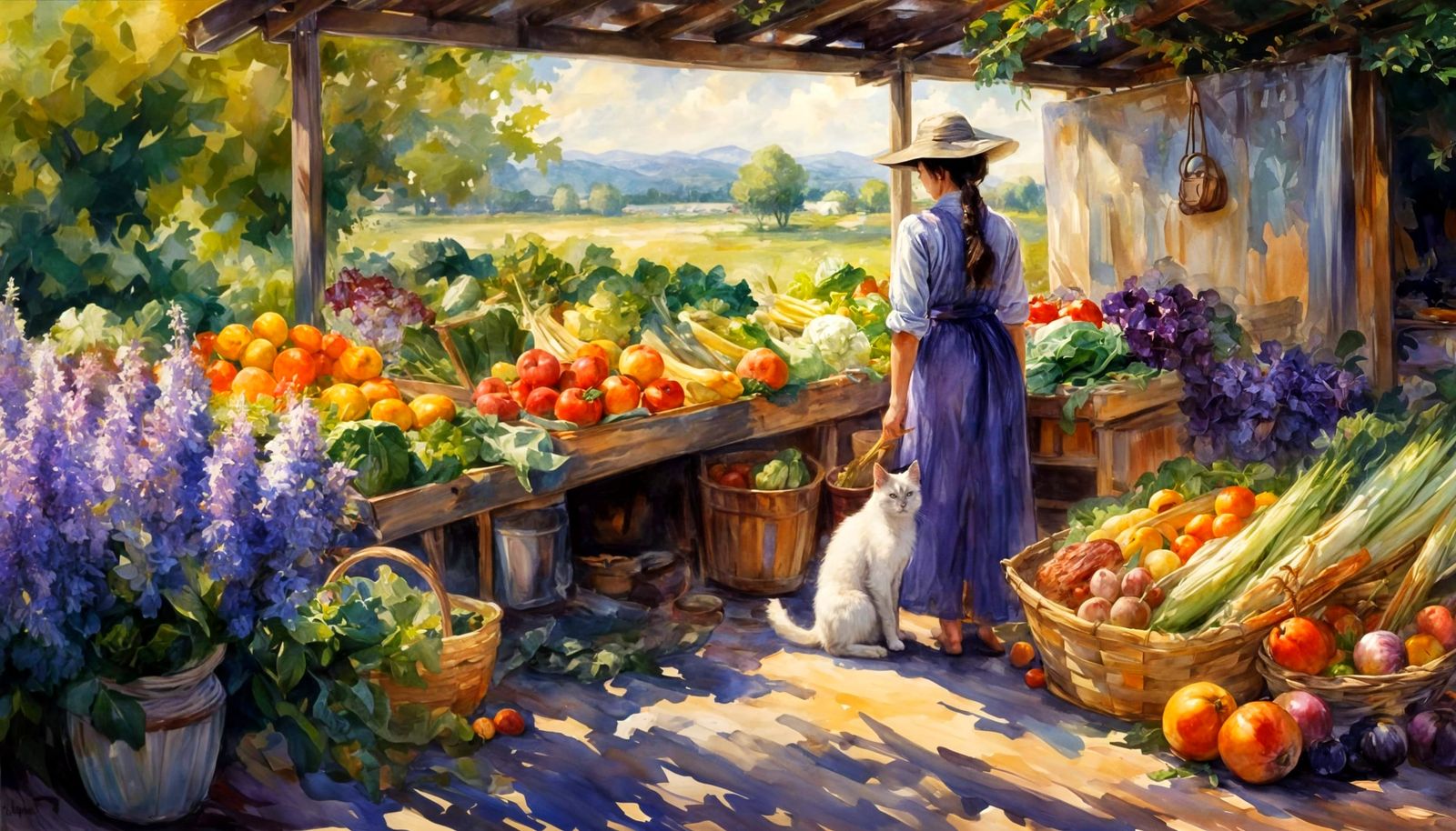 Siamese Cat at Farmstand, Impressionist Painting