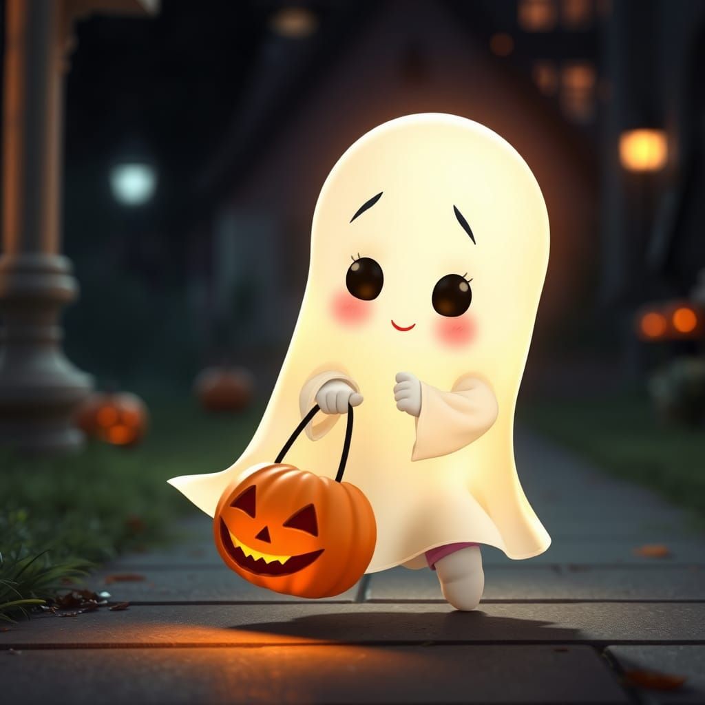 Adorable Baby Ghost Trick-or-Treating Cartoon