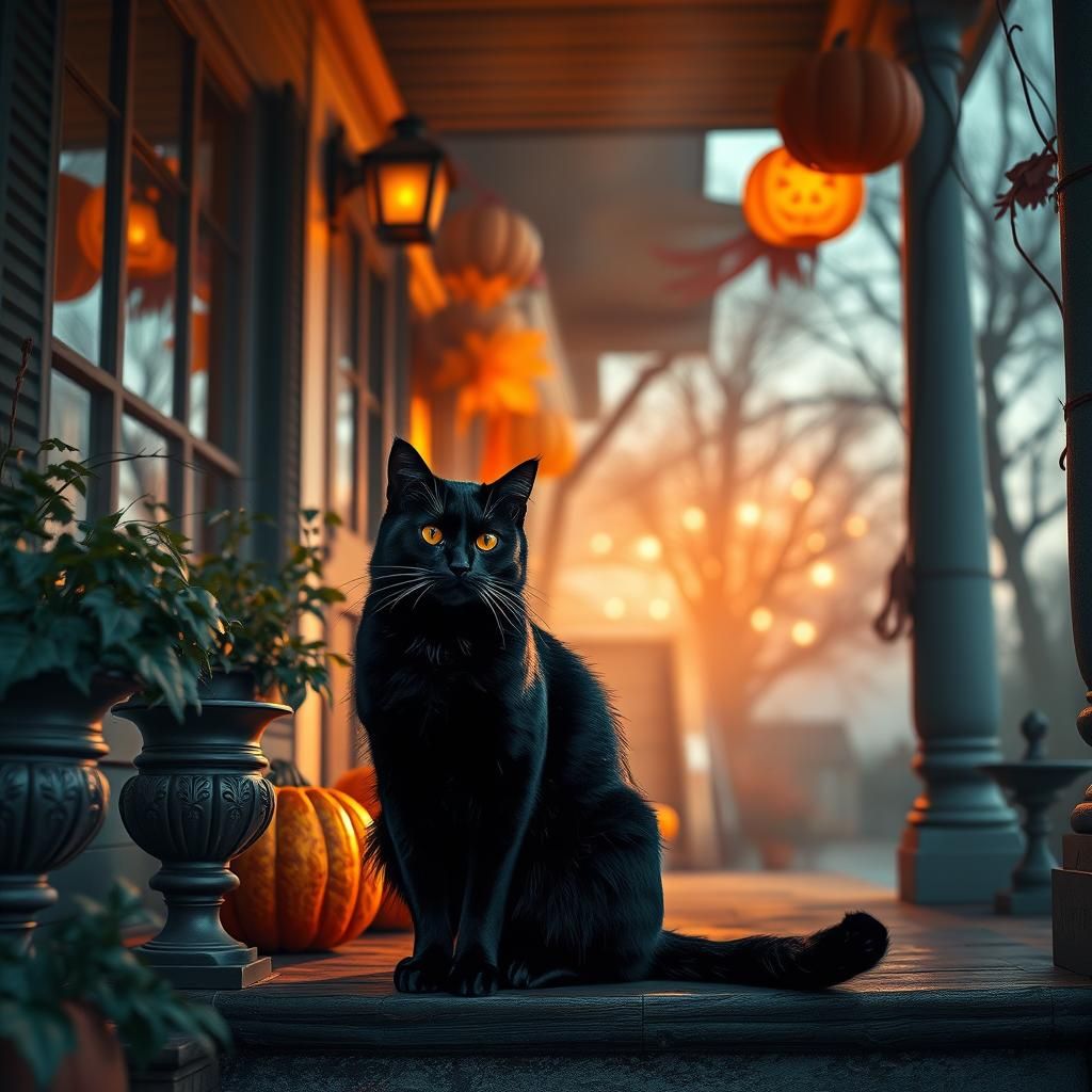 Black Cat on Porch with Halloween Decorations