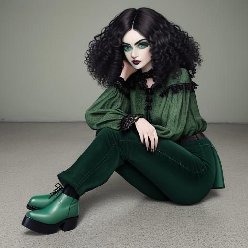 Goth Woman with Titian Curly Hair in Green Outfit