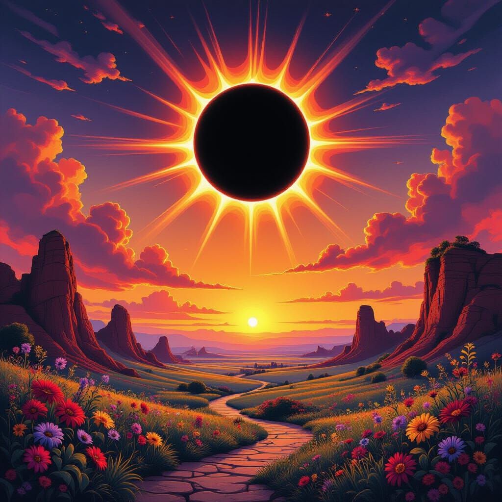Surreal Black Hole Sun Illuminates Dreamlike Summer Landscap...