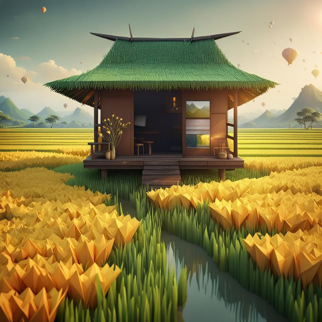 Origami Hut in Rice Field: 4D Hyper-Realistic Art