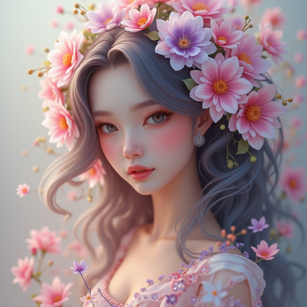 Floral Portrait of Woman with Blooming Flowers