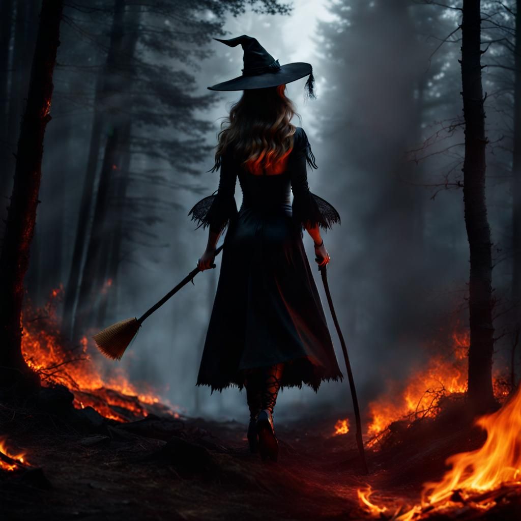 Dark Witch walking along Burning Path π€π₯ LoRA Sneak Peek 5 βοΈ Back View Walking
