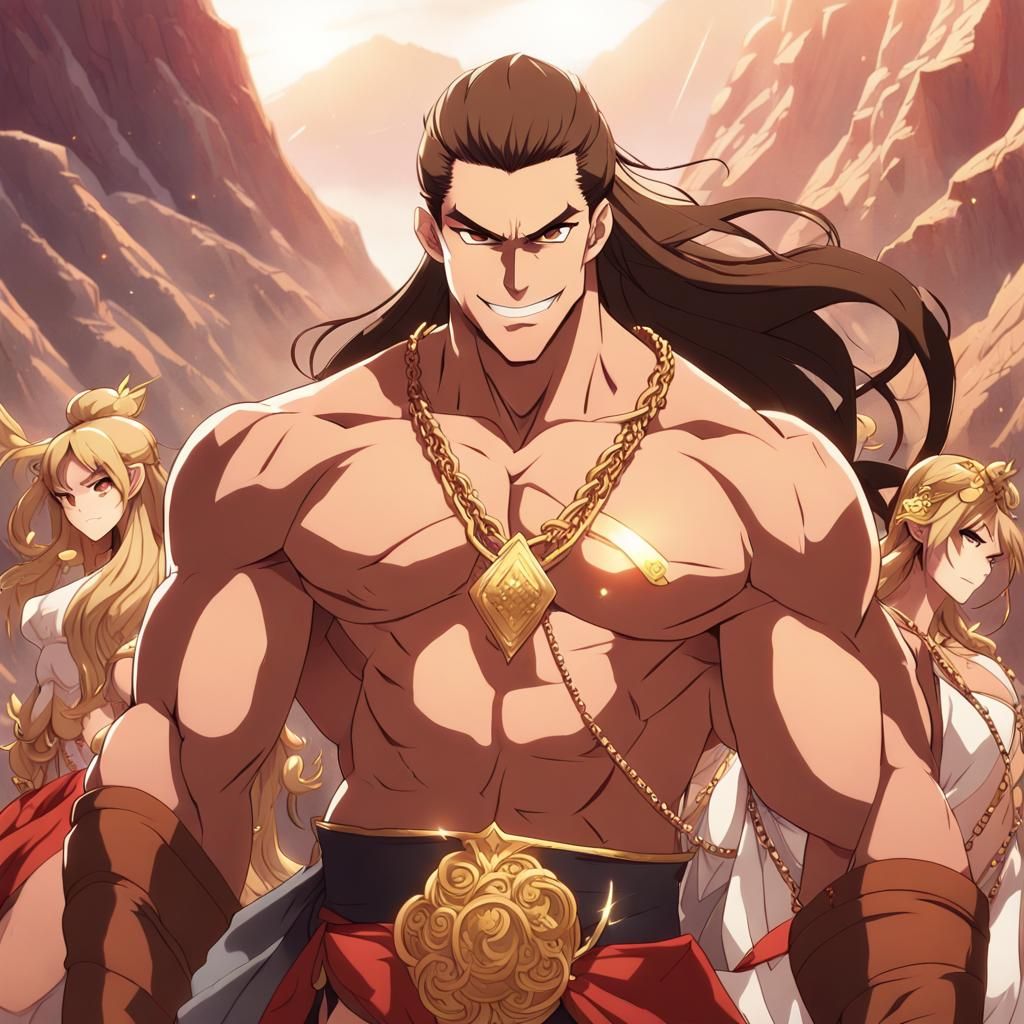 Anime-Style Muscular Man Surrounded by Gold and Women