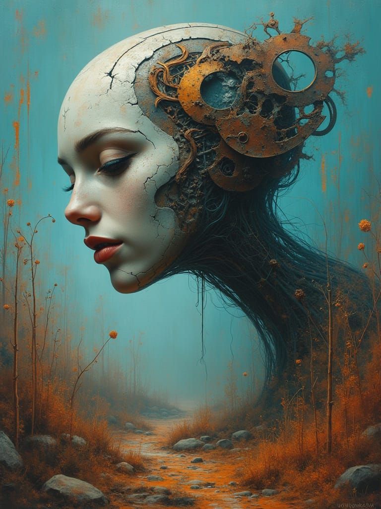 Dreamlike Biomechanoid Goddess in Vibrant, Grotesque Landsca...