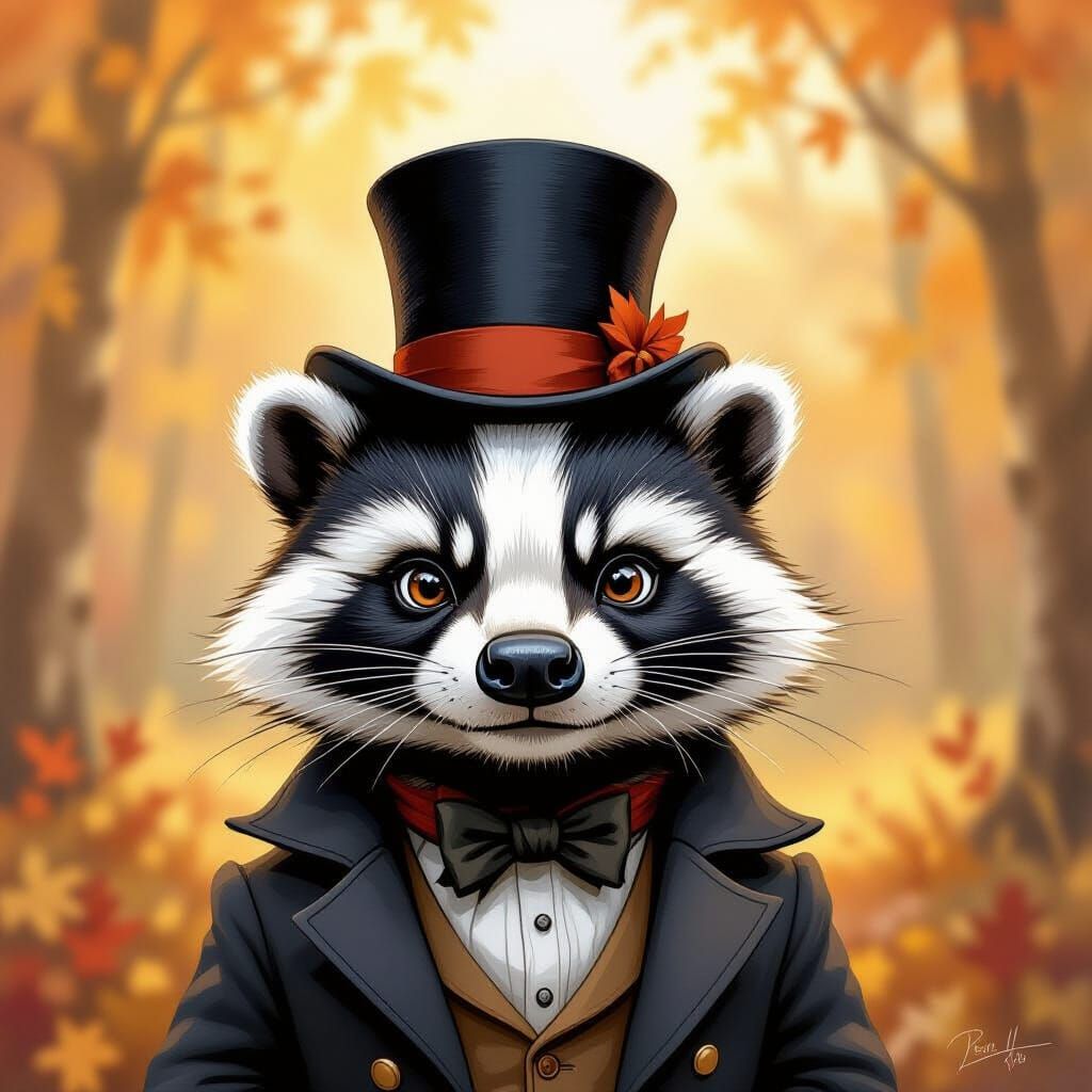 Grumpy Badger in Top Hat, Children's Book Style
