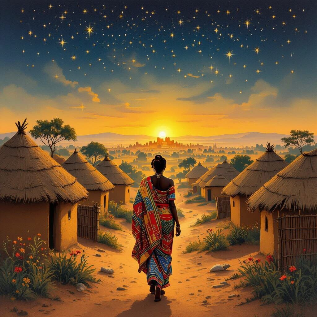 African Woman Walks Towards Golden City at Dawn