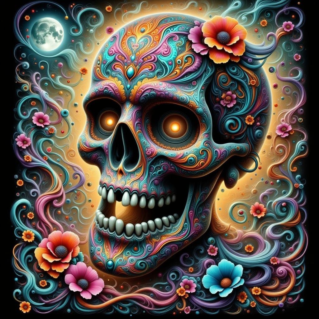 Chicano Skull with Floral Patterns in Urban Setting