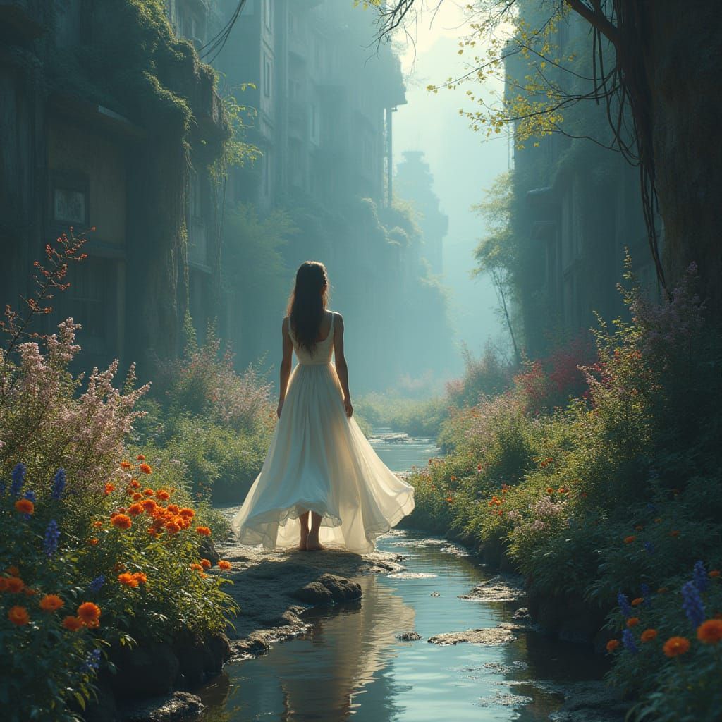 Dreamlike Threshold: Dystopian City Meets Blooming Garden