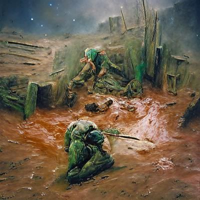 Mud Trench Warfare Under Green Skies: Oil Painting