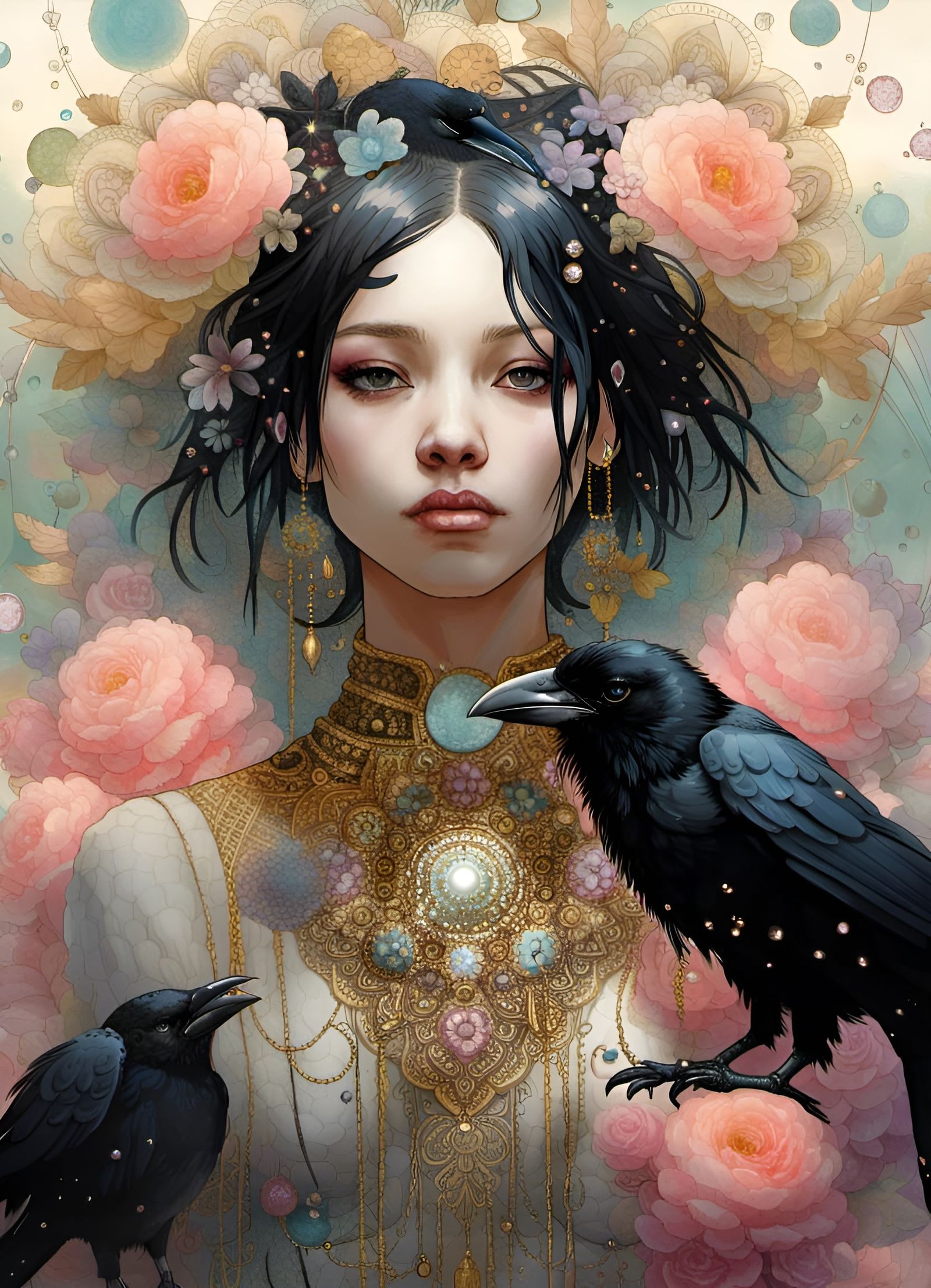 Magical Raven Portrait with Pastel Mandala in Hyperrealism