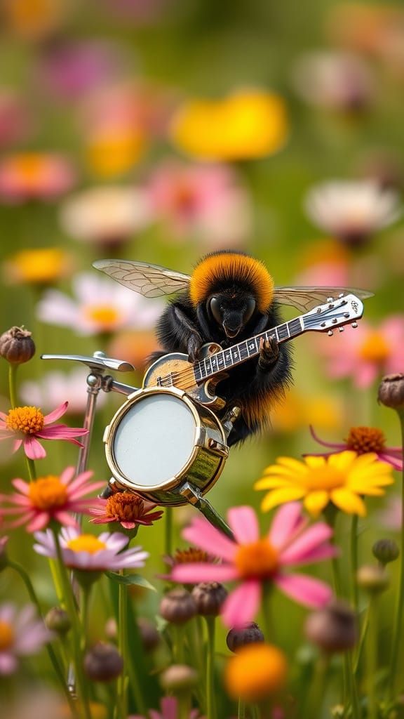 Vibrant Bumblebee Rockstar in a Field of Wildflowers