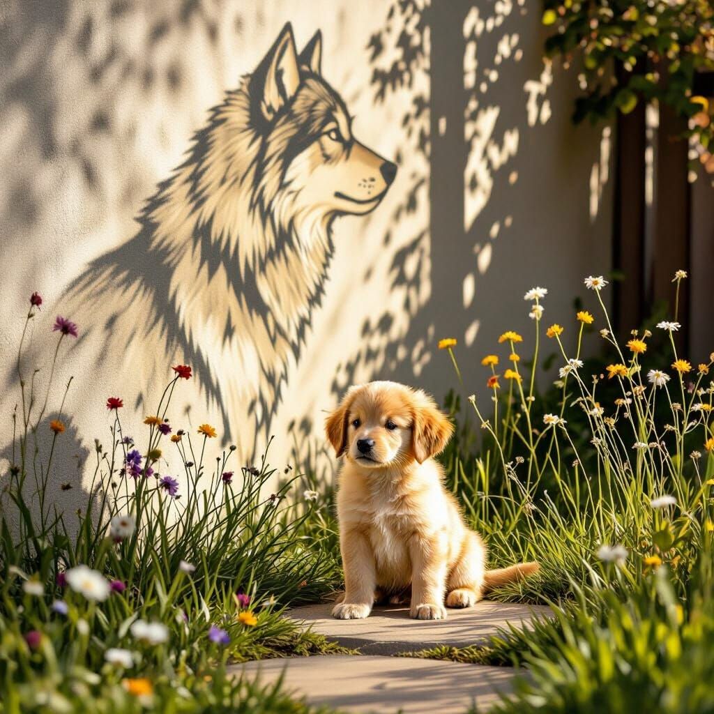 Golden Retriever Puppy with Wolf Shadow in Garden