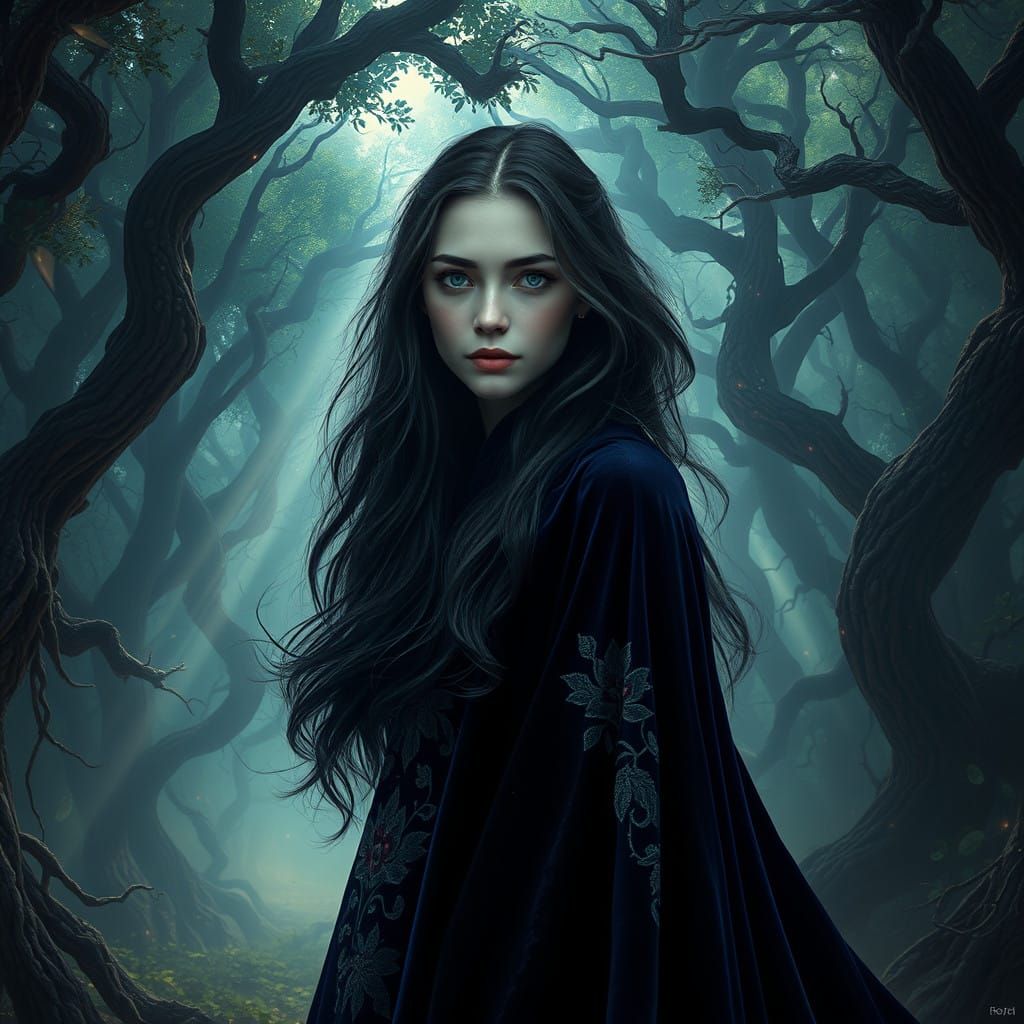 Mystical Ukrainian Woman Amidst Enchanted Forest in Cyberpun...