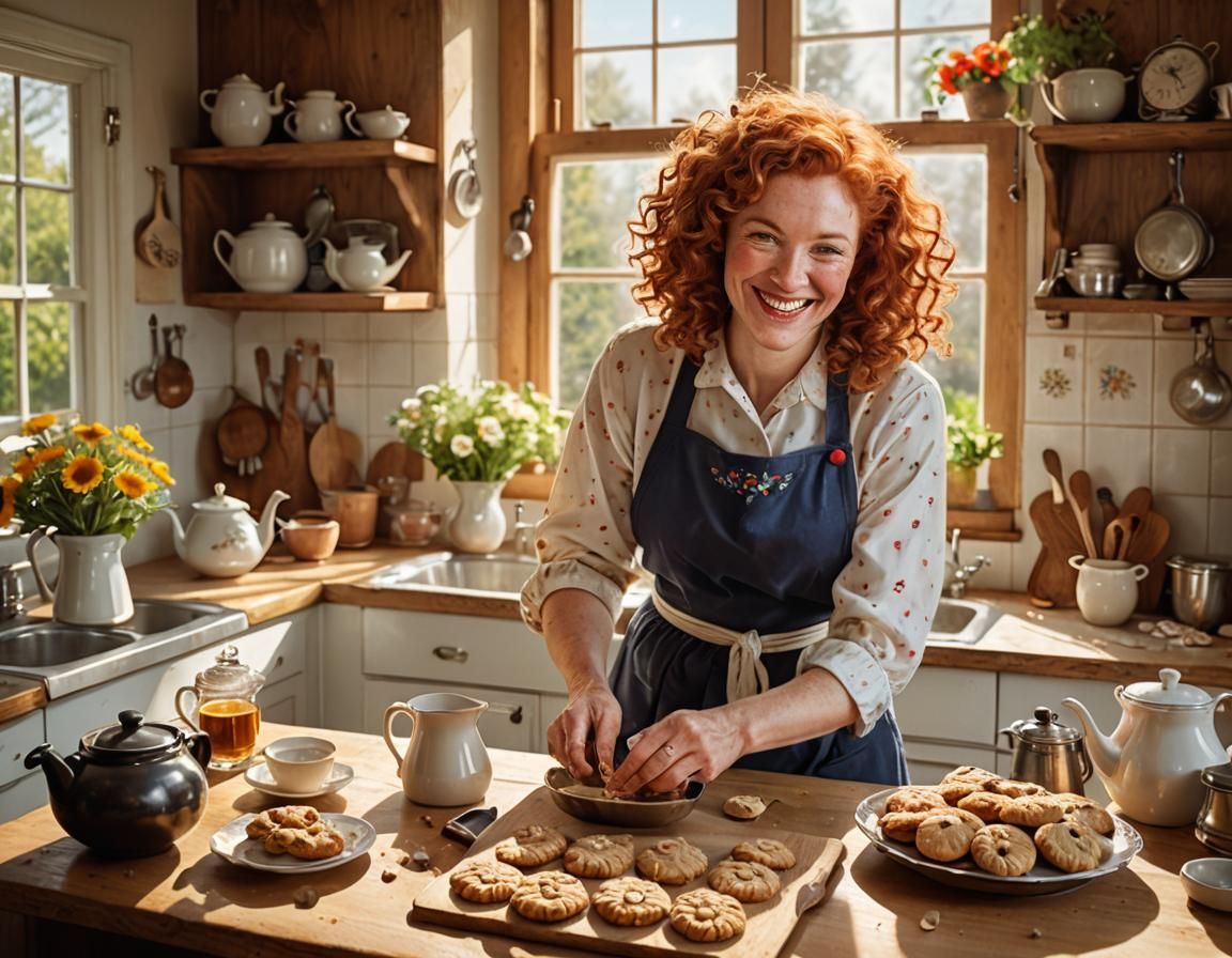 A woman with curly red hair in a cozy kitchen.