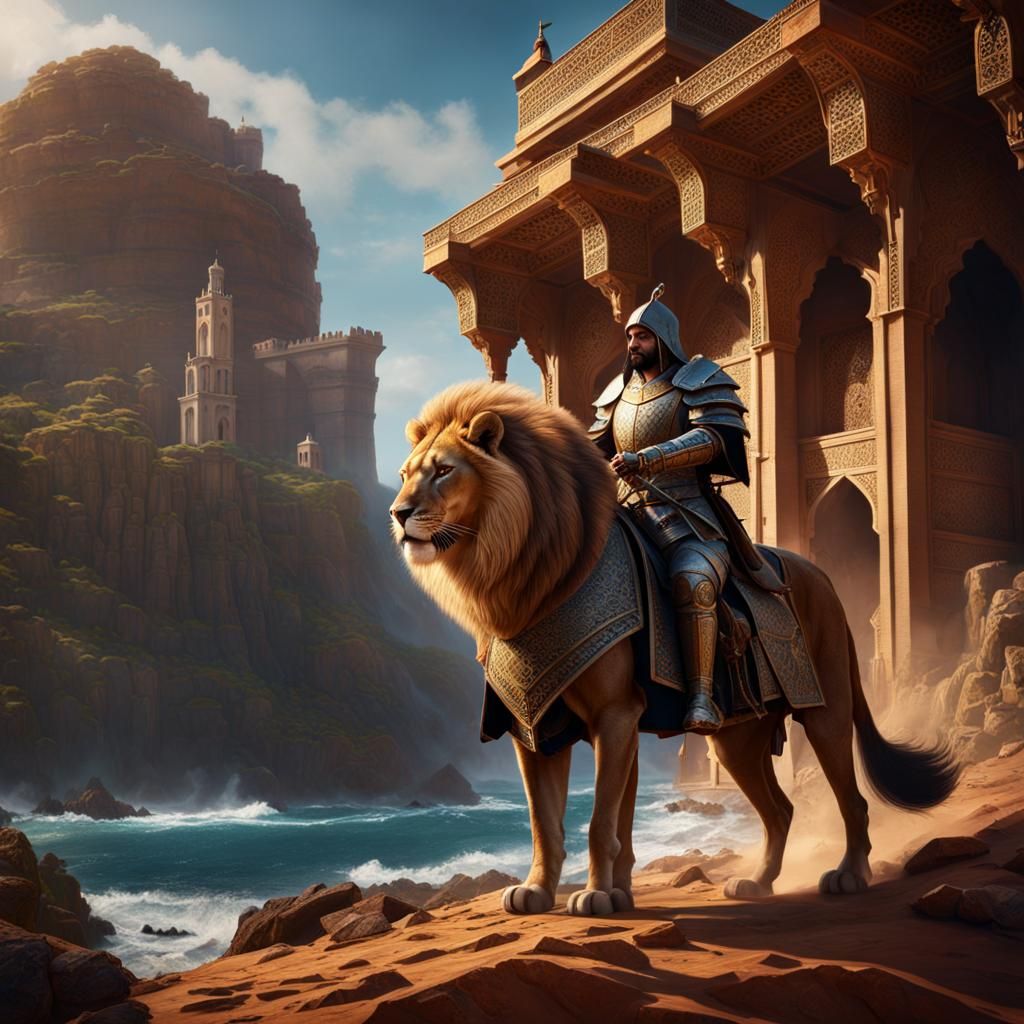 Moroccan Knight Hunting Atlantic Lion: Detailed Matte Painti...