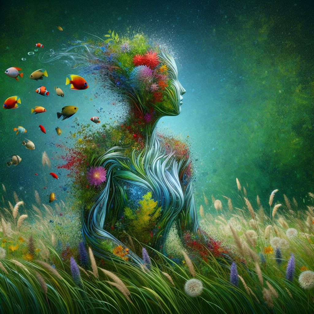 Glass Woman with Tropical Fish in Meadow