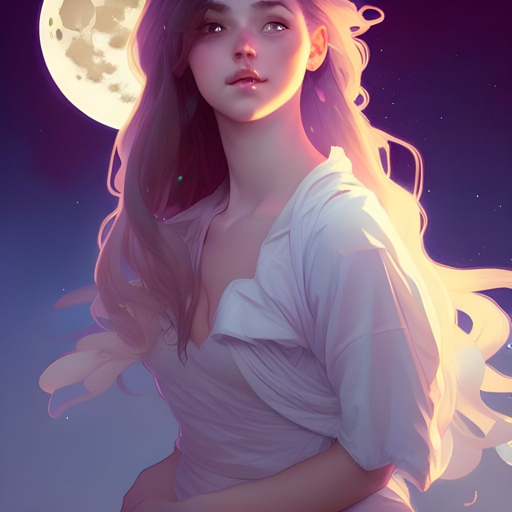 Cute Girl Embracing Moon, Ethereal Fantasy Portrait