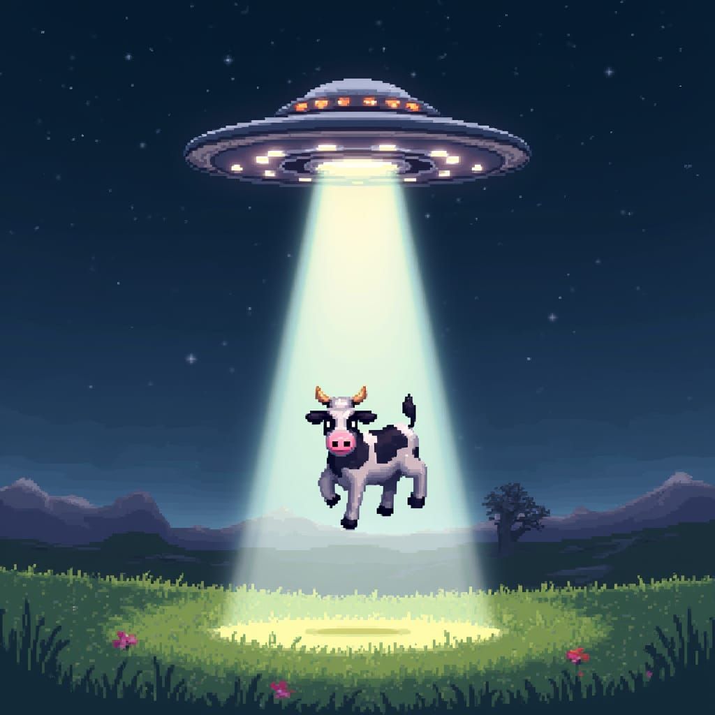 Retro Pixel Art UFO Abduction Scene at Night