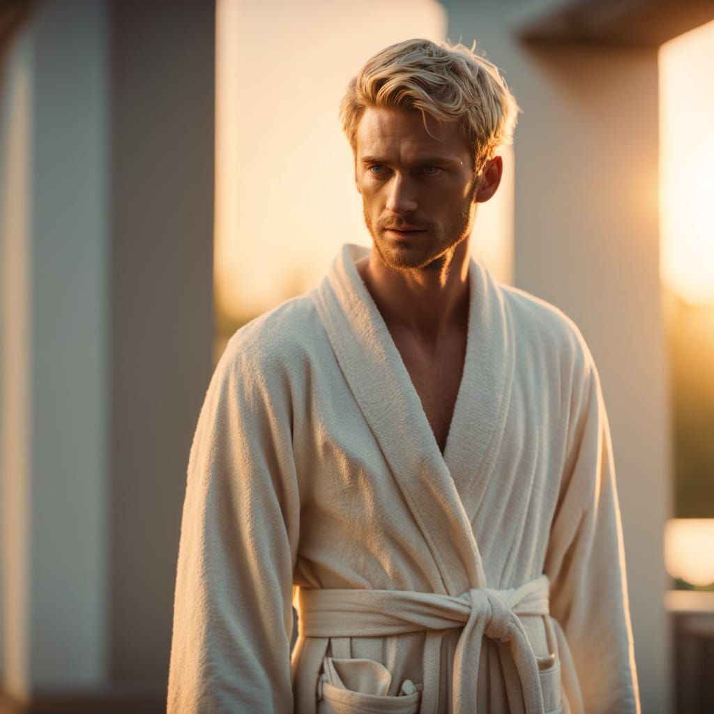 Young Blond Man in Bathrobe, Cinematic Portrait